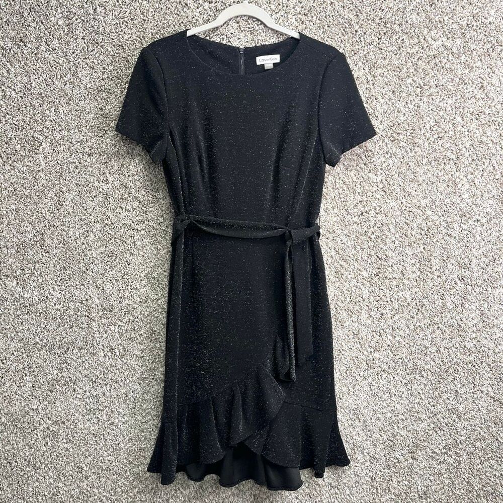 Calvin Klein Dress Women’s 6 Shimmery Black Short Sleeve Wrap Ruffle Trim Sheath